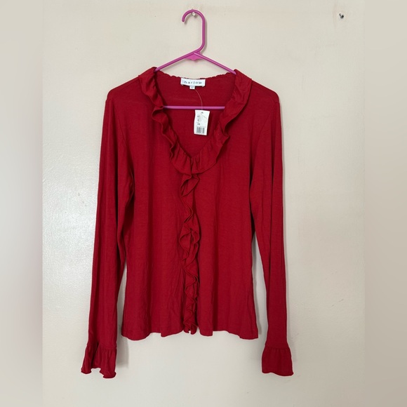 Harlow Tops - Red Harlow Top pullover blouse L ❤️New with Tags  Ruffled trim stretchy fabric